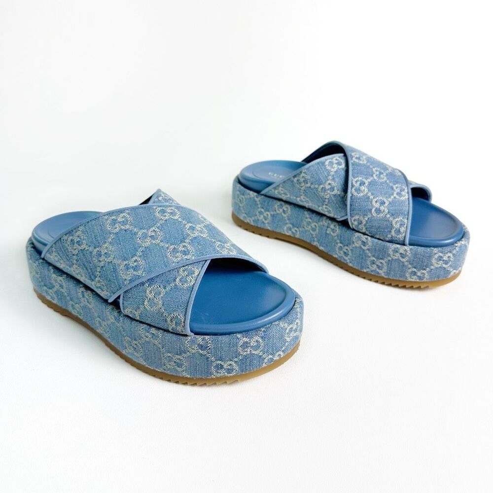 Gucci Blue Denim Platform Sandal Slides